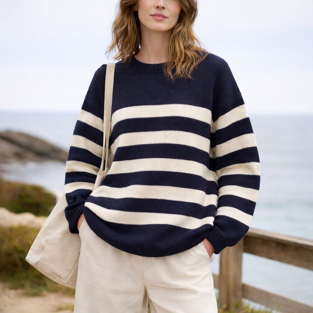 COS SZ S Wool Cotton Blend Oversized Striped Jumper Navy / Off-white / Stripe